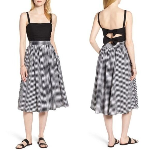1901 Midi Dress 0 NWT Gingham Check Back Bow Black and White Spring Party Picnic - Picture 1 of 13